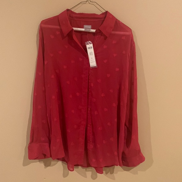 Chico's Pink Heart Fil-Coupe Sheer Button Down Blouse NWT Chicos Size 2 (Large) - Picture 4 of 12